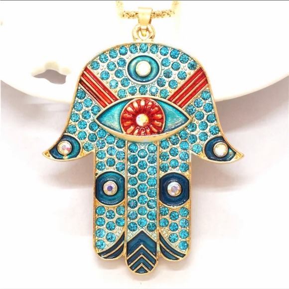 Hamsa Eye Red & Blue Enamel & Crystal Crystal Necklace - Picture 1 of 5